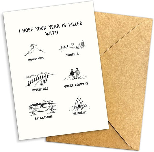 (5.3x8in) Hope Your Year Is Filled With Adventure New Year Card with Envelope, Minimalist Black and White Line Art Greeting, Inspirational Holiday Card for Friends, Family, Coworkers (Xmas 39)