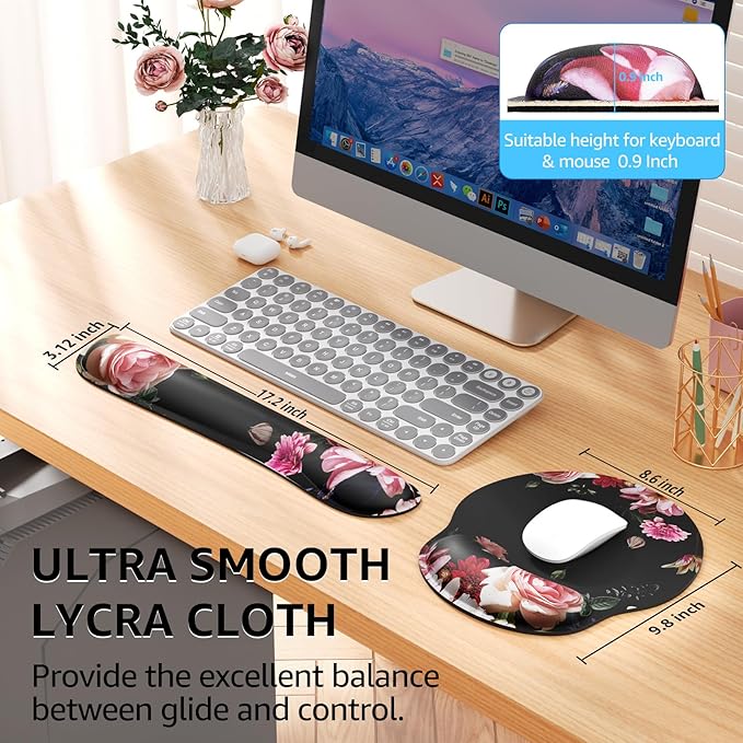 KTRIO Ergonomic Keyboard Wrist Rest, Memory Foam Mouse Pad with Wrist Rest for Computer Keyboard, Mouse Pad Set for Easy Typing & Pain Relief for Office & Home, Peony Flower