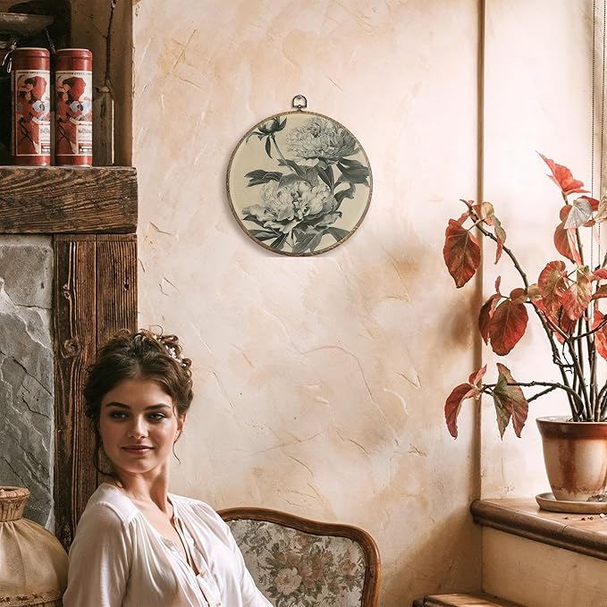 FUGWN Vintage Peony Floral Round Wall Art Decor Framed, Cottagecore Peony Flower Canvas Artwork Prints, Retro Classic Floral Wall Hanging Decorations for Home Bedroom Living Room, 10x10 Inch