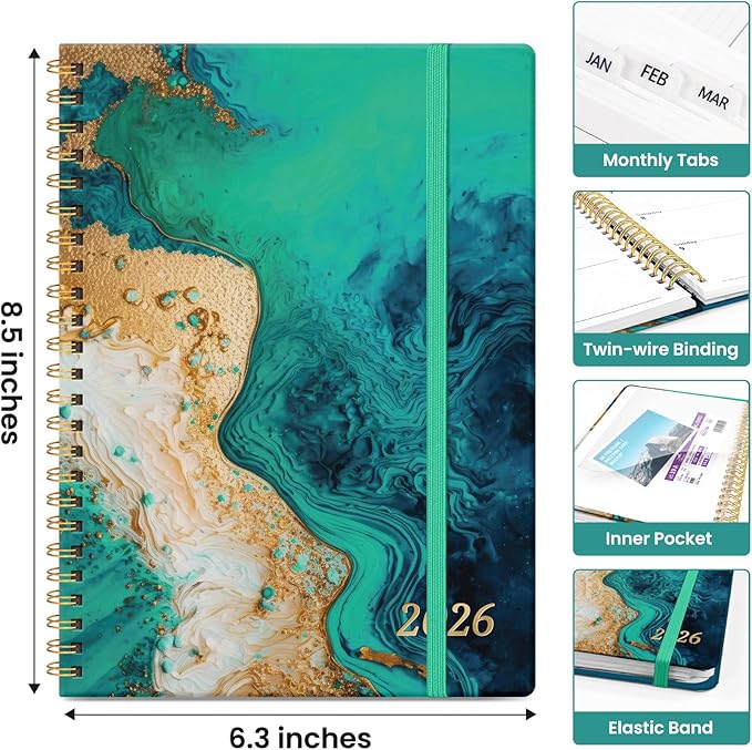 2026 Planner, Monthly and Weekly Calendar Planner for Women, Jan 2026 - Dec 2026, Hardcover Pretty 2026 Agenda Planner Book with Tabs, Spiral Bound, Perfect for School Office Home Supplies, 6.3" x 8.5" - Emerald Shores