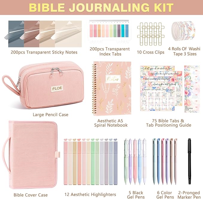 Bible Study Supplies Journaling Kit for Women with Bible Cover Case, Christmas Christian Gifts for Women, Bible Study Tools Accessories Set with Highlighters Pens, Pencil Case Notebook Annotation Kit