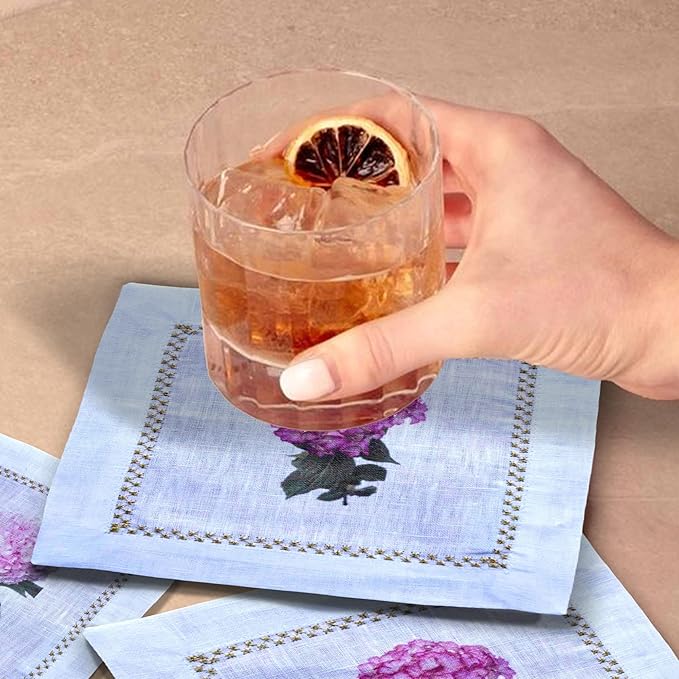 Cocktail Napkins Set of 6, 6x6 inch, 100% Linen, Printed Floral Design, Reusable & Washable Napkin Coasters for Beverages, Parties, Weddings & Everyday Use (Hydrangea)
