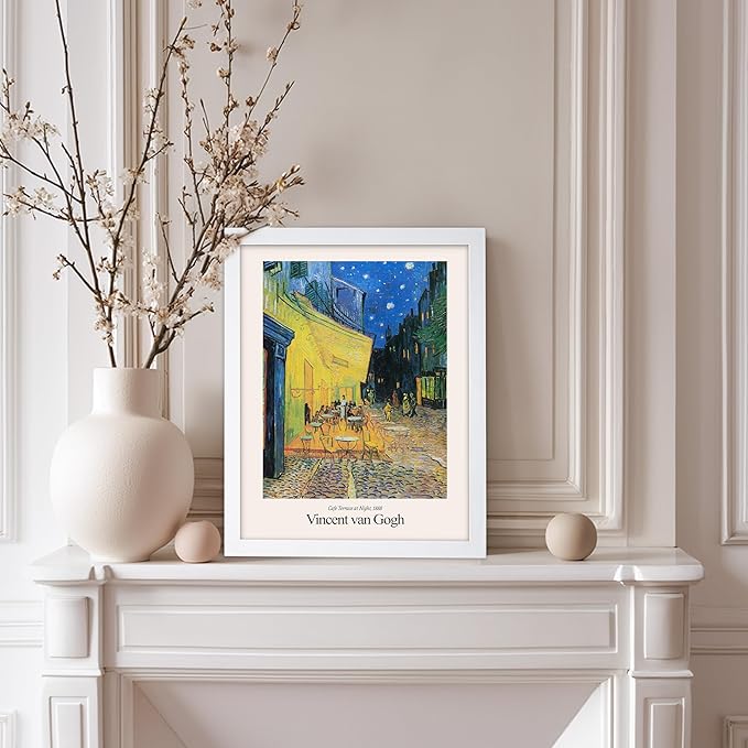 Monem Art Vintage Van Gogh Poster - Retro Impressionist Print - Cafe Terrace at Night, Arles, Stars, Aesthetic - Gift for Artist, Friend - Wall Decor for Home, Office, 11x14 White Framed