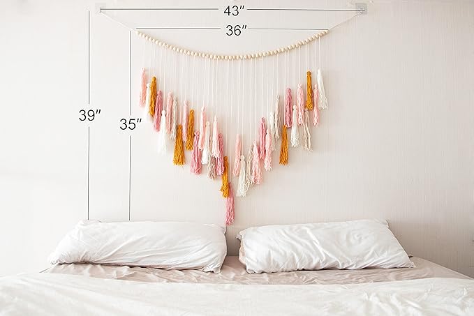 Decocove Macrame Wall Hanging - Large Macrame Wall Hanging with Wood Beads - Bohemian Wall Decor for Bedroom, Living Room and Kitchen - Pink and Gold- 35'' x 36''