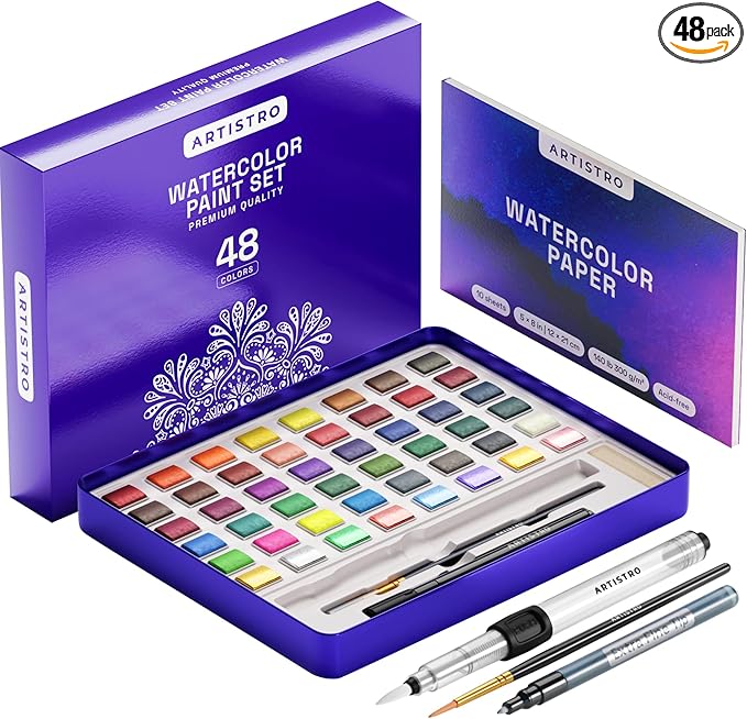 ARTISTRO Watercolor Paint Set – 48 Vivid Colors in Portable Box, Including Metallic & Fluorescent Shades – Travel Art Kit for Artists, Hobbyists & Painting Lovers (Premium Home)