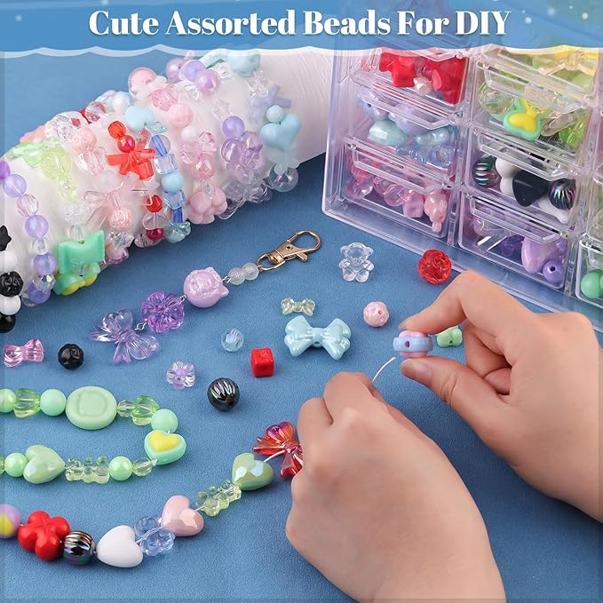 400-450PCS TINKRSTUFF Assorted Acrylic Beads 6 Mixed Colors Cute Beads for Bracelet Making, Bow Aesthetic GummyBear Flower Butterfly Kawaii Charms for Jewelry Making DIY Necklace Keychain Phone Charm