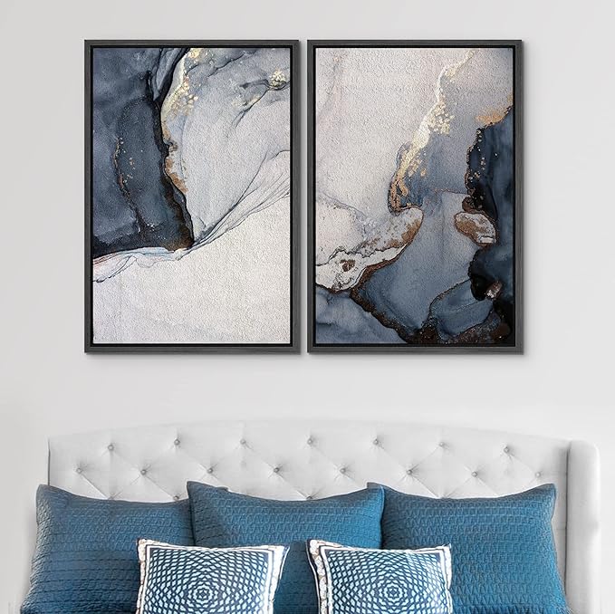 SIGNWIN Framed Canvas Print Wall Art Set Pastel Watercolor Blue Smoke Waves Abstract Shapes Illustration Modern Art Minimalism Decorative Nordic for Living Room, Bedroom, Office - 16"x24"x2 Black
