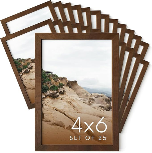HAUS AND HUES 4x6 Walnut Oak Wood Photo Frame Set of 25 - Mini Picture Frames Bulk Gallery Set - Premium Bulk Picture Frames 4x6 for Stylish Photo Gallery Wall Frame Set