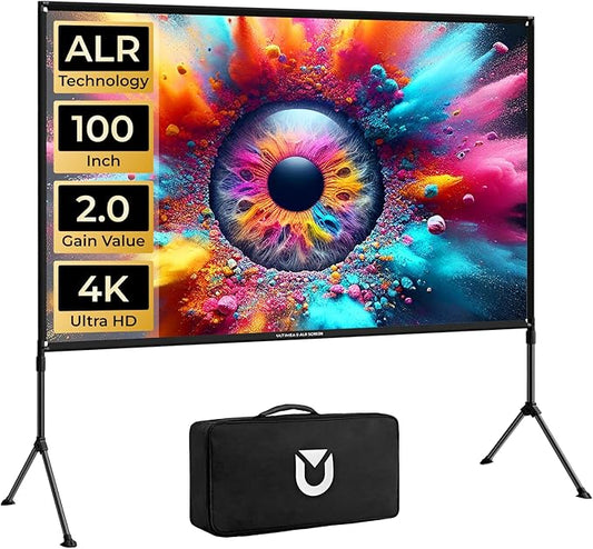 ULTIMEA Outdoor Projector Screen with Stand, 100 inch Anti-Glare Portable Projector Screen, Foldable Indoor Projection Screens 16:9 4K Full HD Movie Screen with Carry Bag for Home Theater