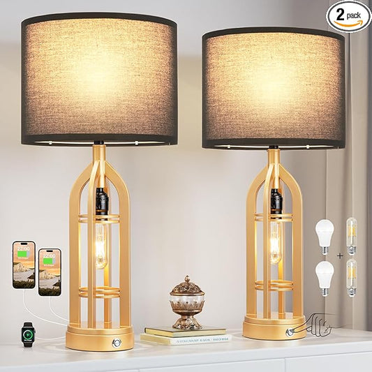 Seealle Table Lamps for Living Room Set of 2 - Gold Bedside Lamp for Bedroom with USB C+A & Outlet, Farmhouse Lamps for Night Stands, 3-Way Dimmable Touch Lamps for Living Room with Black Shade