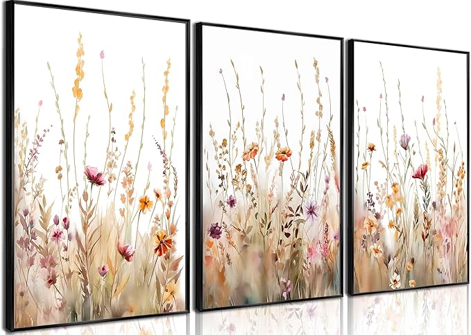 3Pcs Nursery Botanical Floral Wall Art Boho Wildflower watercolor Bouquet Canvas Wall Decor Pictures Forest Flower Posters Prints for Living Room Classroom Baby Bedroom Decoration Unframed