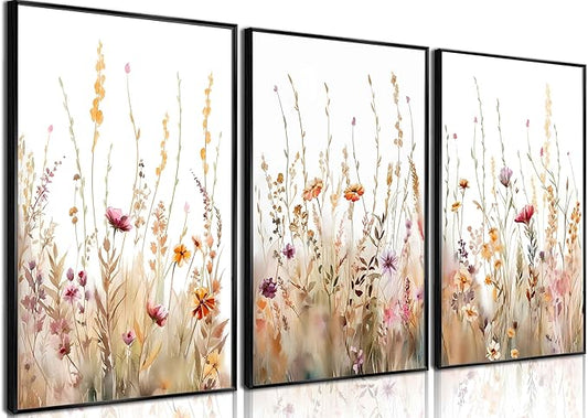 3Pcs Nursery Botanical Floral Wall Art Boho Wildflower watercolor Bouquet Canvas Wall Decor Pictures Forest Flower Posters Prints for Living Room Classroom Baby Bedroom Decoration Unframed