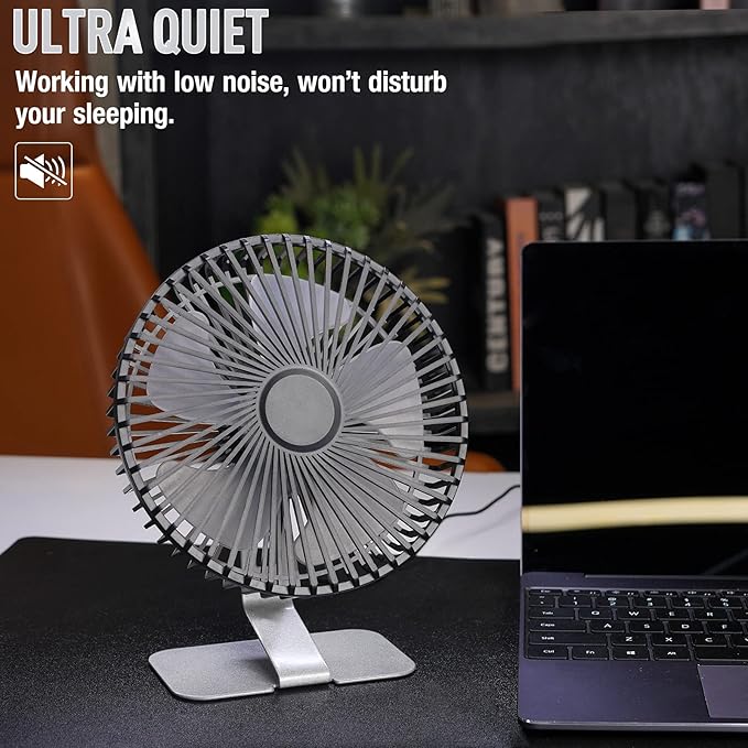 SLENPET 6 inch USB Desk Fan, 4 Speeds, Ultra-quiet, 90° Adjustment for Better Cooling, Portable Mini Powerful Desktop Table Fan, Small Personal Fan for Home Office, Metal Base, Silver