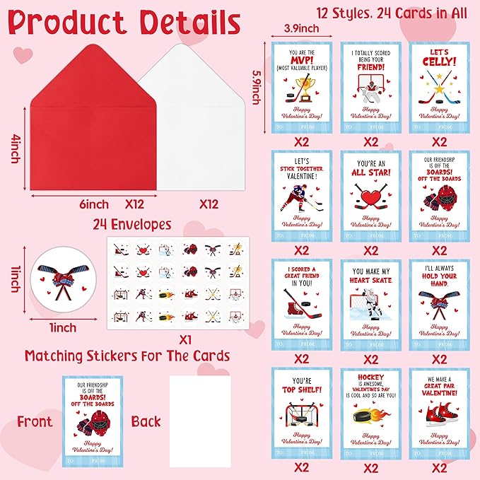 TICIAGA 72pcs Valentine’s Day Ice Hockey Greeting Cards with Envelop and Stickers for Kids, 4 x 6 IN Sporty Design Hockey Exchange Gift Cards for Boys Girls Classroom Supplies, Valentines Party Favors
