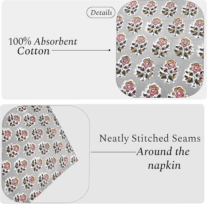 CPC Cloth Napkins 100% Cotton Set of 4 Reusable Napkins, Indian Block Print Toile Floral Dinner Napkin, Fall Thanksgiving Christmas Holiday Party Gift - Soft Absorbent Napkin, 18"x18" Labra Gray
