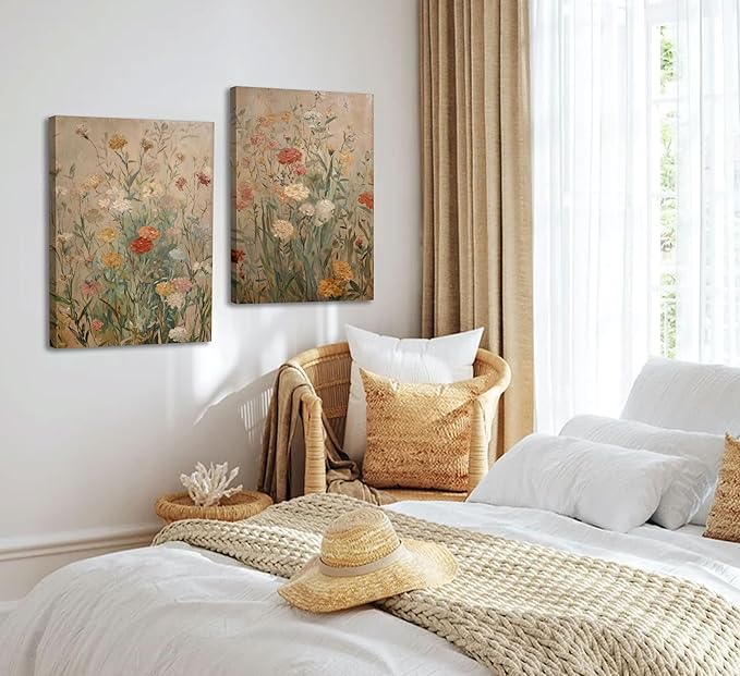 Wildflower Canvas Wall Art Rustic Farmhouse Floral Poster Prints Vintage Botanical Flower Picture Painting Artwork Wall Decor for Living Room Bedroom Office 16x24in Framed