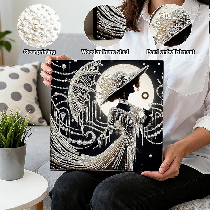 DIY Pearl Painting Kit with Wooden Frame, 3D Plastic Pearl Gemstone Ocean Art Craft for Adults Beginners, Diamond Art Kits for Adults, Home Wall Decor Ready Gift for Women(Umbrella Lady)(30 * 30cm)