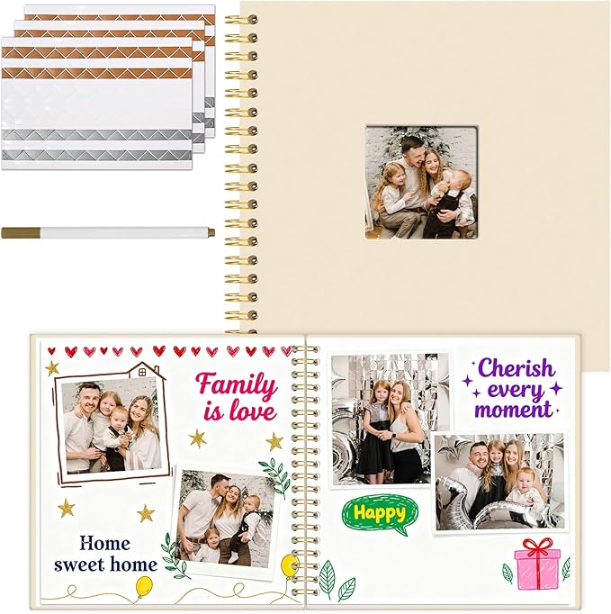Vienrose 10 x 10 Inch Scrapbook Photo Album, Linen Hardcover Photo Book with 80 White Pages, DIY Memory Book Kit with Accessories for Wedding, Baby Shower, Travel, Christmas (Beige, 40 Sheets)