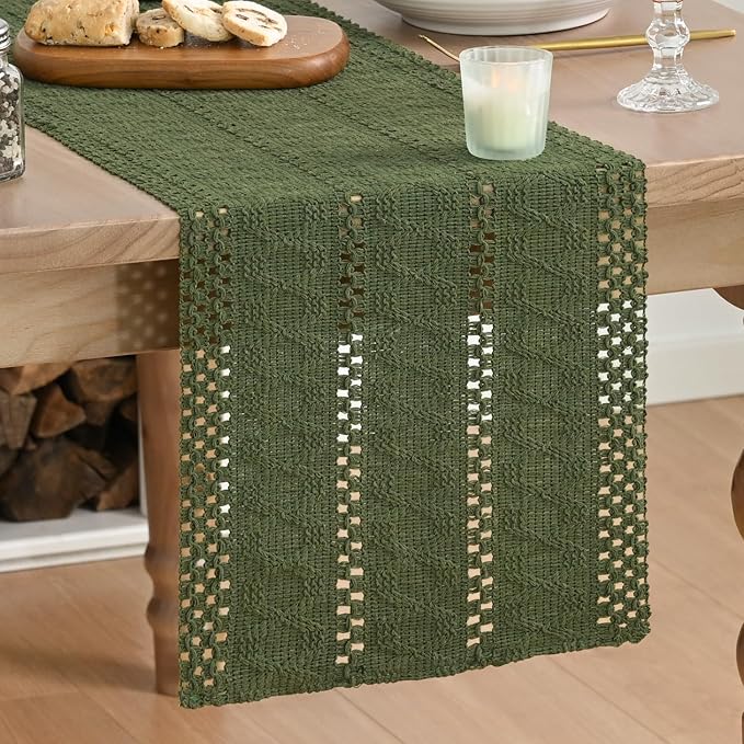 Artoid Mode Army Green Farmhouse Woven Rustic Hollow Table Runner, Seasonal Holiday Hollow Kitchen Dining Table Decoration for Home Party Decor 12x36 Inch