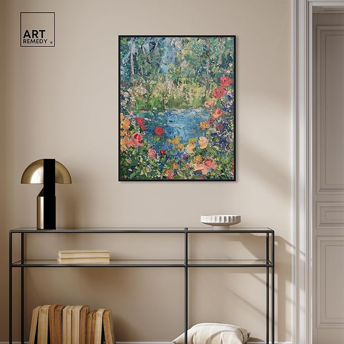 Art Remedy Serene Escape Framed Impressionism 1 Piece Canvas Wall Art/Monet And Van Gogh Inspired Art, 25" x 31", Black Frame