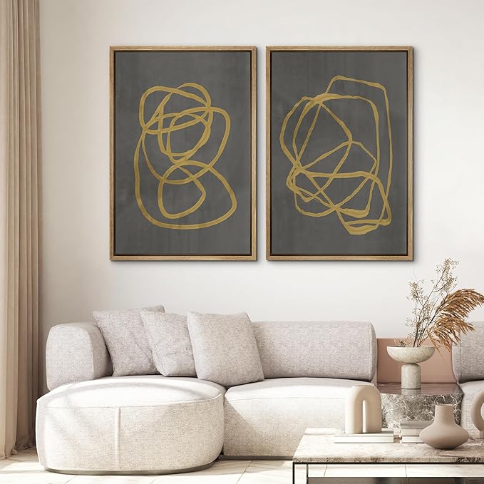 SIGNWIN Framed Canvas Print Wall Art Set Mid-Century Yellow Gray Polygon Collage Abstract Shapes Cozy Neutral Modern Minimalism Decorative Nordic for Living Room, Bedroom, Office - 16"x24"x2 Natural