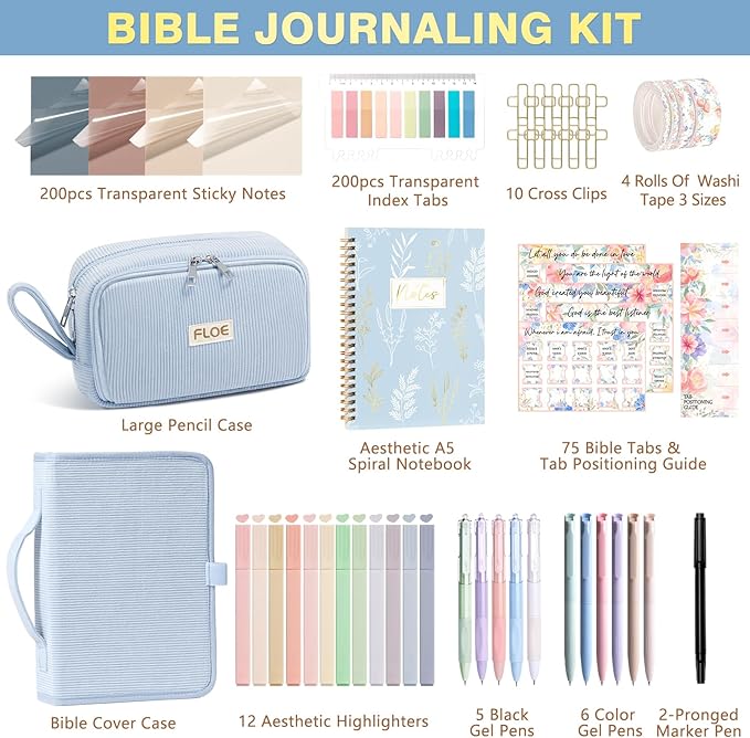 Bible Study Supplies Journaling Kit for Women with Bible Cover Case, Christmas Christian Gifts for Women, Bible Study Tools Accessories Set with Highlighters Pens, Pencil Case Notebook Annotation Kit