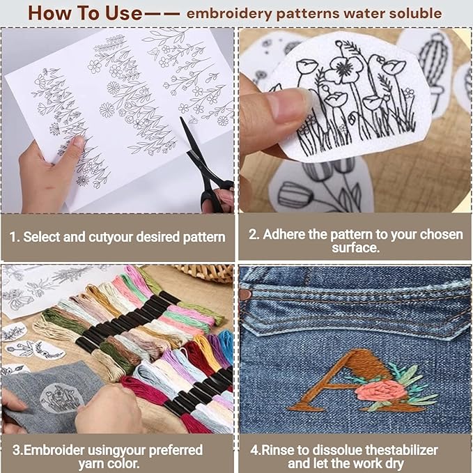 2026 Upgraded Embroidery Stitch Book & Complete Kit for Beginners | Includes 86 Tools,63 Water-Soluble Patterns & 106 Designs with Instructions | Portable Craft Set for Adults & DIY Lovers