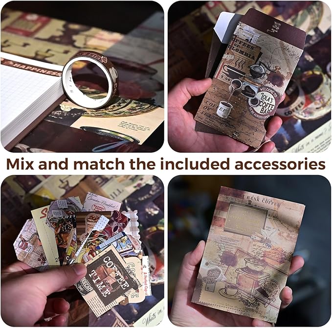 Funto Scrapbooking Kit(123 PCS), Vintage Collection-Coffee Bazaar, Perfect for Bullet Scrapbooking Materials, Planner DIY Arts Craft Collage