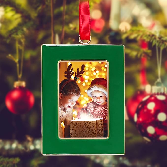 Christmas Picture Frame Ornaments - Set of 4 Green 2x3 Inch Mini Frames with Red Ribbon, Metal Photo Frames for Christmas Tree Decorations, Holiday Gift for Family & Friends