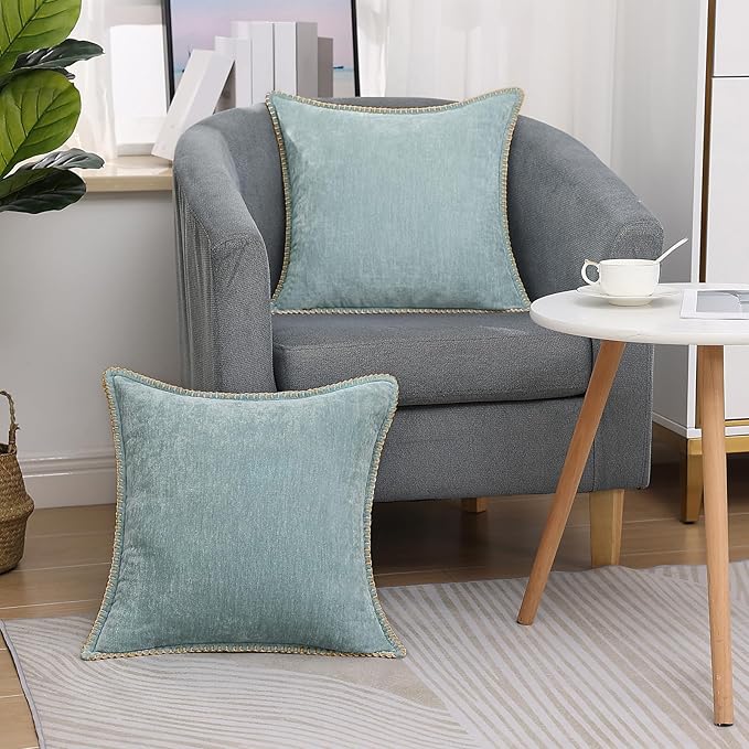 decorUhome Spring Chenille Soft Throw Pillow Covers 24x24 Set of 2, Farmhouse Velvet Neutral Decorative Euro Sham Pillow Covers with Stitched Edge for Couch Sofa Bed Home Decor, Aqua Haze