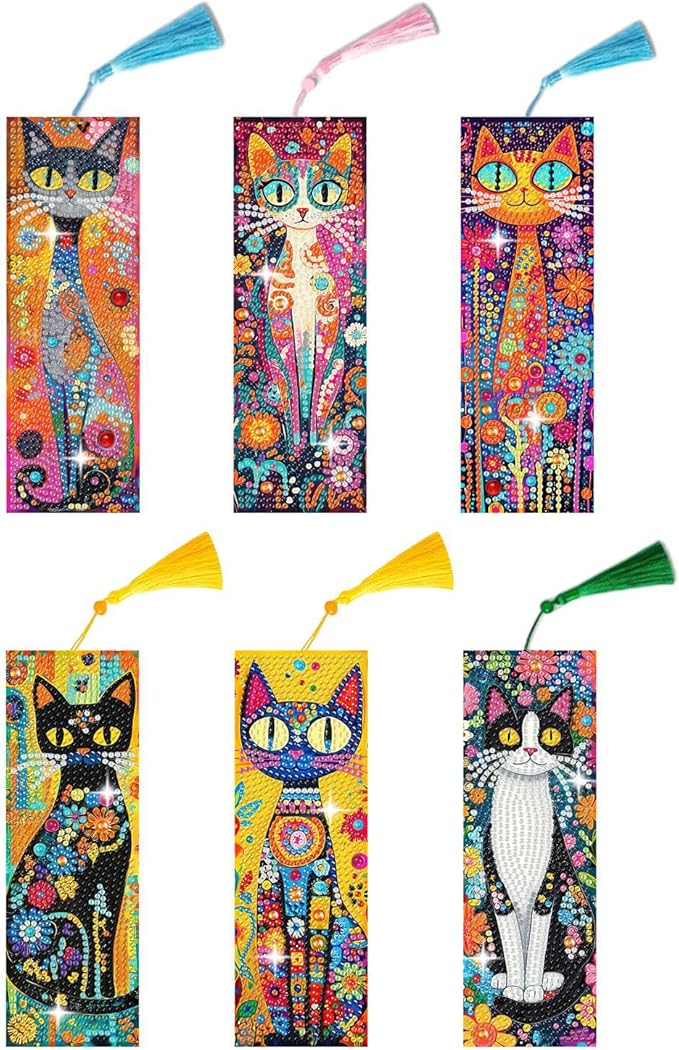 Puraikcmi 6 PCS 5D DIY Diamond Art Bookmarks Kit Cats Diamond Paintings Bookmarks Kits with Tassels Acrylic, Rhinestone Crafts Decoration Gift Set for Book Lovers Beginners & Adults
