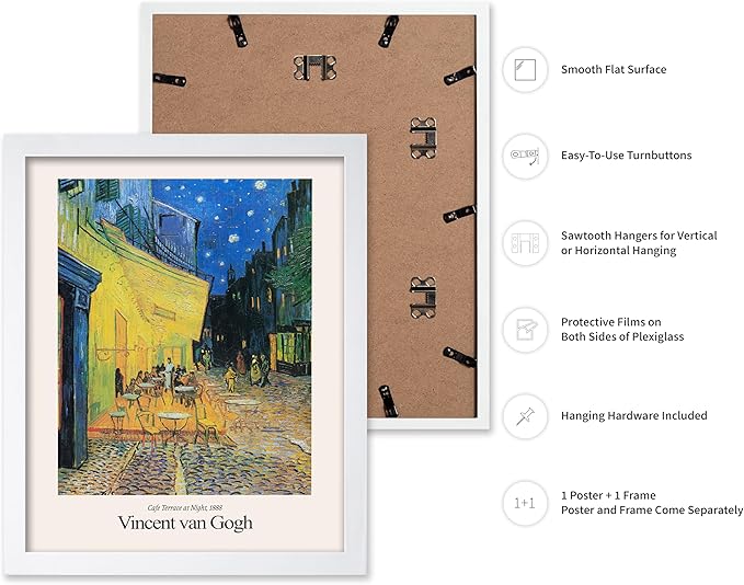 Monem Art Vintage Van Gogh Poster - Retro Impressionist Print - Cafe Terrace at Night, Arles, Stars, Aesthetic - Gift for Artist, Friend - Wall Decor for Home, Office, 16x20 White Framed