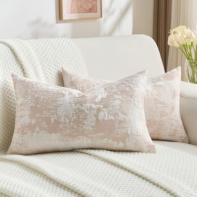 FUTEI Pink White Decorative Throw Pillow Covers 12x20 Inch Set of 2,Jacquard Weave Pillow Case in Soft Faux Cashmere,Modern Home Decor for Couch Living Room