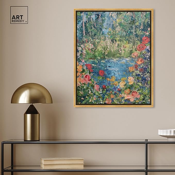 Art Remedy Serene Escape Framed Impressionism 1 Piece Canvas Wall Art/Monet And Van Gogh Inspired Art, 21.5" x 25.5", Gold Frame