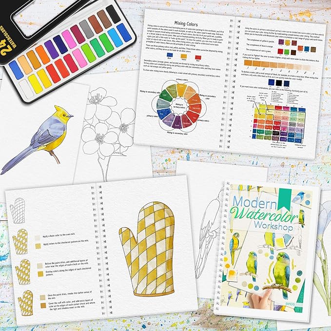 3Pcs Watercolor Workbook Paint Book Beginner Friendly Painting Kit, 36 Pages Workbooks with 24 Paint Colors & Brush for Beginners, Stress-Relieving Gift for Women Adults (Bird&Flower&Kitchen)