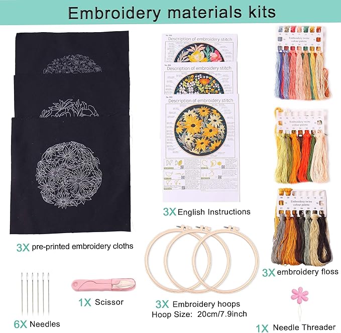 REEWISLY 3Pcs Embroidery Starter Kit with Patterns and Instructions, DIY Adult Cross Stitch Kits Beginner, Including 3 Plastic Embroidery Rings, 1 Scissors, Colored Threads and Needles