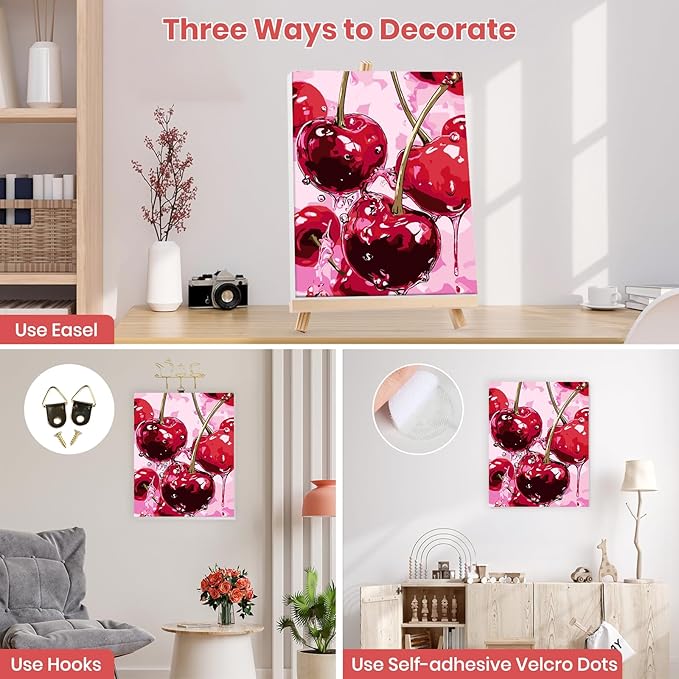 MXJSUA Cherry Framed Paint by Numbers for Adults Beginners, Easy Adults' Paint-by-Number Kits on Canvas with Easel, Cherry Acrylic Number Painting Crafts Kits Gifts for Home Decor, 8x10inch