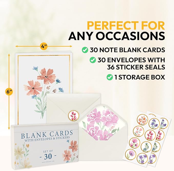 30 Pack Floral Blank Cards and Envelopes – 4 x 6 Inch Greeting Stationery Set for Encouragement, Celebration, Sympathy, Gratitude, 10 Botanical Image, Coordinated Liners, Seal Sticker, Gift Ready Box