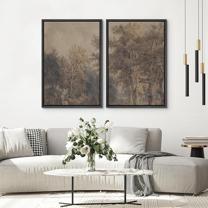 SIGNWIN Framed Canvas Print Wall Art Set Vintage Tree Sketch Classic Sepia-Toned Forest Illustrations Modern Art Scenic Colorful for Living Room, Bedroom, Office - 16"x24"x2 Black