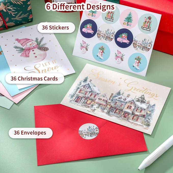 Christmas Cards, 36 Pack Merry Christmas Cards with Envelopes & Stickers, 4x6 Inch Holiday Card, 6 Assorted Designs Greeting Card for Xmas