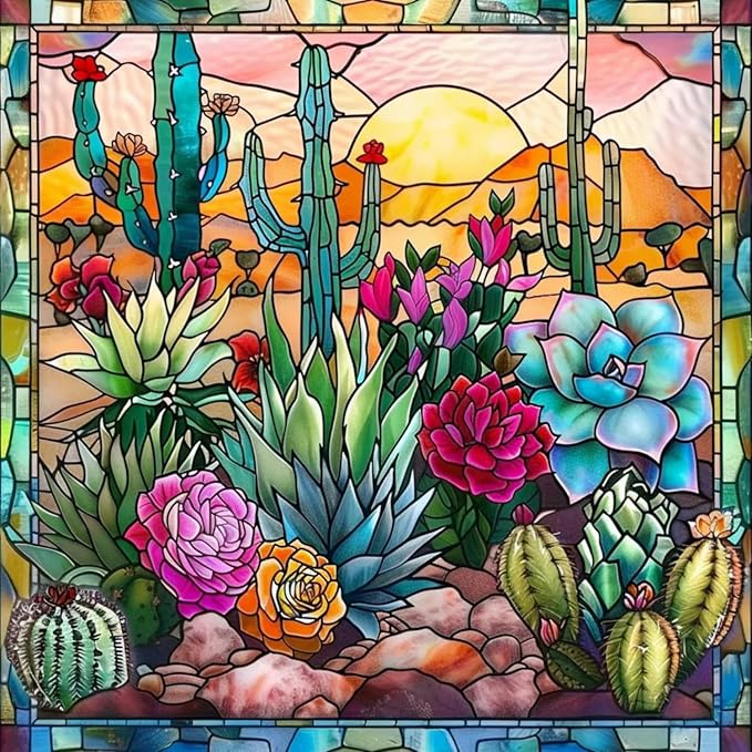 Mosaflare 5D Diamond Painting Kits for Adults, Stained Glass Cactus Diamond Art for Beginners, DIY Full Round Drill Paint by Diamonds Dot Gem Art for Adults, Home Wall Decor 13.7x13.7 Inch