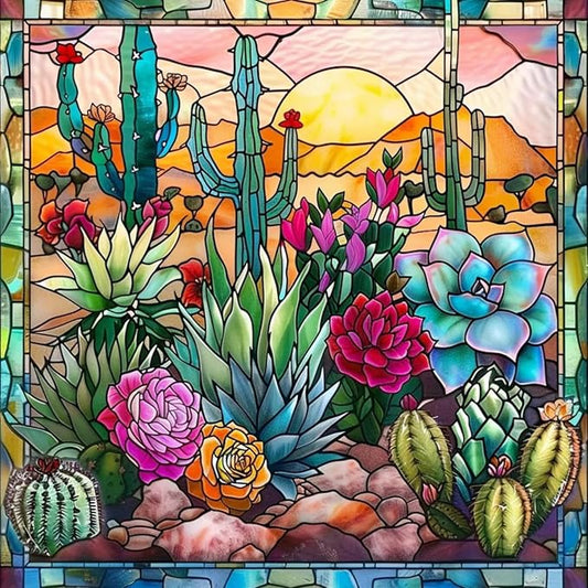 Mosaflare 5D Diamond Painting Kits for Adults, Stained Glass Cactus Diamond Art for Beginners, DIY Full Round Drill Paint by Diamonds Dot Gem Art for Adults, Home Wall Decor 13.7x13.7 Inch