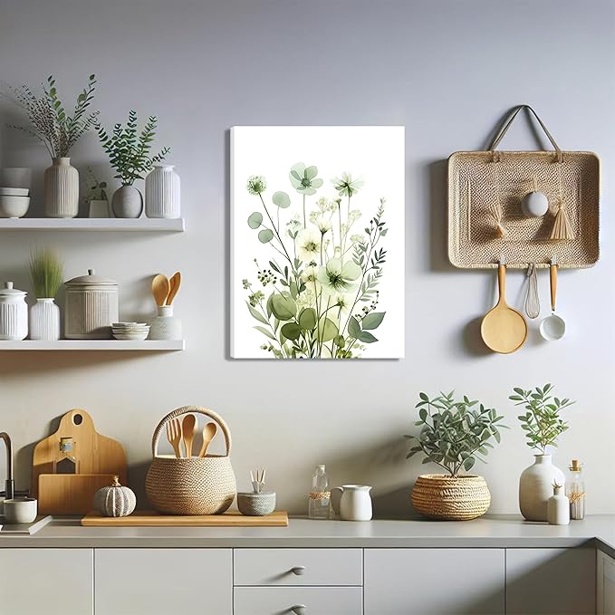 Boho Floral Canvas Wall Art Set of 3, Sage Green Wildflower Botanical Wall Decor Painting, Minimalist Watercolor Flowers Posters Prints for Bedroom Bathroom Living Room 12x16 In Framed