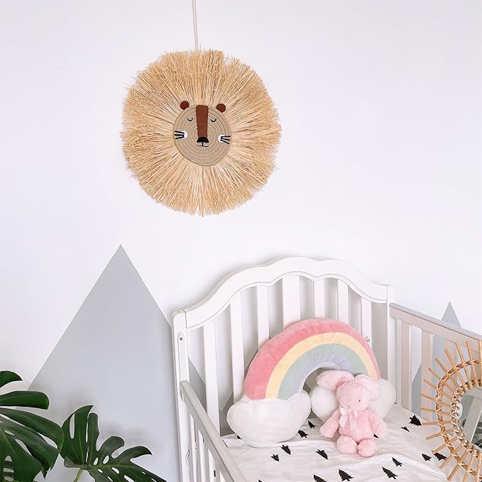 Charlbytion Wall Art Animal Head Hand Knitted Hanging,Cotton Thread Weaving Straw Cartoon Tassel Beard Lion Tiger Macrame Pendant Nursery Room Wall Decor for Home Decoration (16''*16'', F)