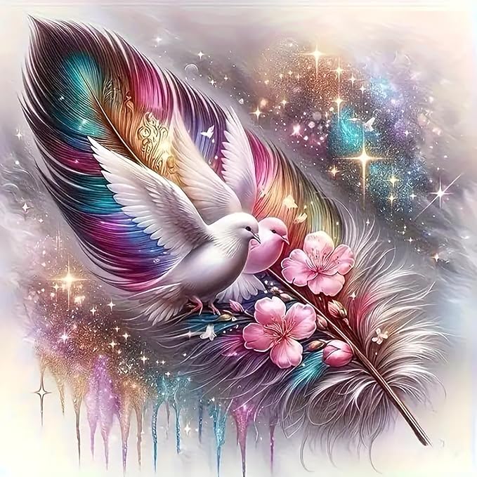 CHWGLFGG 5D Diamond Art Kits for Adults Beginners, Feathers Doves Diamond Painting Kits, DIY Full Round Drill Paint by Diamonds Dot Gem Art for Adults, Home Wall Decor 13.7X 13.7 Inch