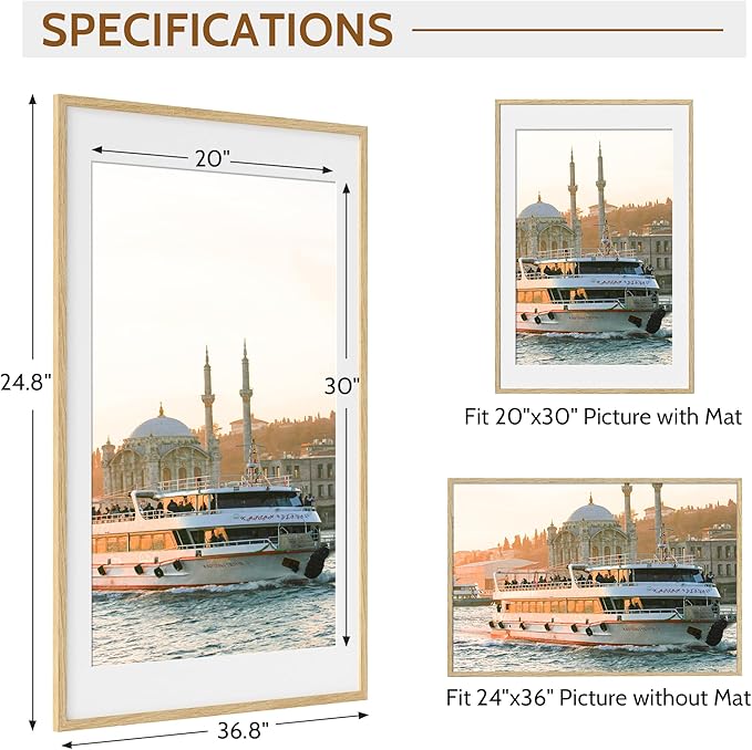 Dreamland Natural Oak Wood Picture Frame 24x36, Wooden Poster Frame with Mat for 20x30, 24 x 36 Matted Picture Frames with Tempered Real Glass for Wall Art Photo and Prints, Oak Color, Set of 1