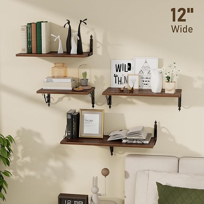 Dreamland Deep Floating Shelves, 24" W x 12" D Wall Shelves Set of 2, Wide Display Shelf Wall Mounted with Brackets, Bookshelf for Living Room, Bathroom, Bedroom, Walnut