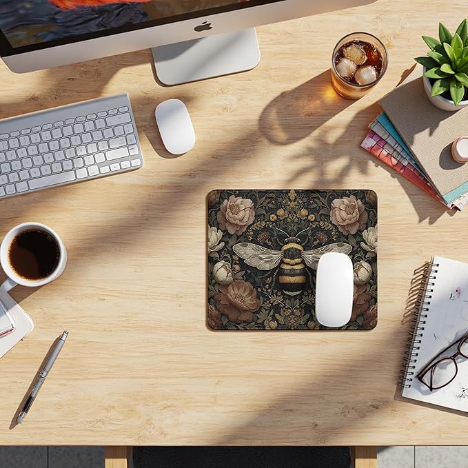 Vintage Floral Bee Mouse Pad, Dark Contemporary Botanical Bumblebee Mouse Pads Mousepad for Desk Home Office Dorm Laptop, Cottagecore Nature Office Supplies Desk Accessories, 9.5x7.9 Inch