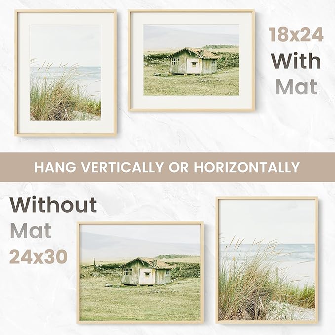 24x30 Poster Frame, USA-Sourced Natural Maple Wood Picture Collage Frame with HD Tempered Glass, Modern Simple 24 x 30 Wooden Photo Frame Matted to 18x24, Vertical & Horizontal Wall Hanging Display