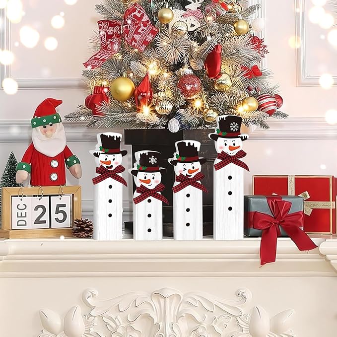 Christmas Snowman Decorations, Wooden Snowman Joy Table Centerpiece Sign, Winter Tiered Tray Decor for Xmas Holiday Home Decor (Snowman)